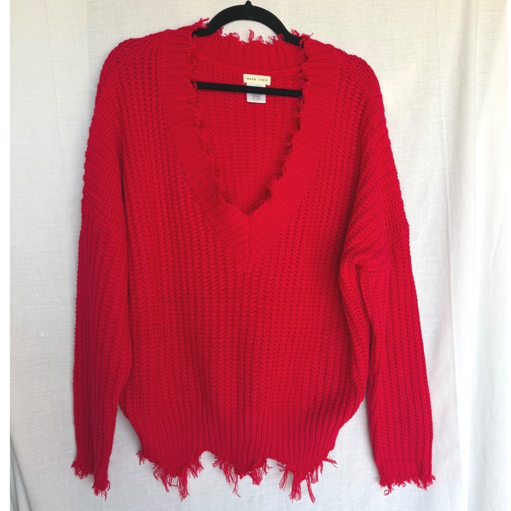 Main Strip Distressed V-Neck Cozy Grunge Sweater Red Oversized Chunky Knit Large